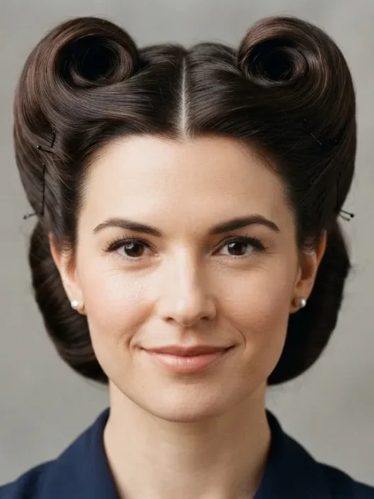 Woman wearing symmetrical double victory rolls with precise center parting against neutral backdrop in soft even light