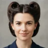 Woman wearing symmetrical double victory rolls with precise center parting against neutral backdrop in soft even light