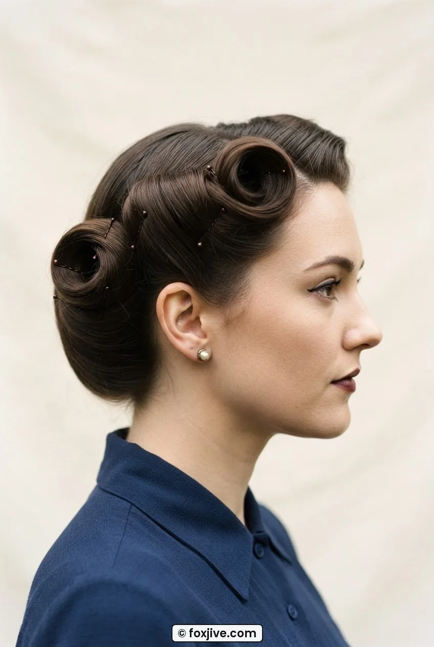 Woman in side profile wearing symmetrical double victory rolls at both temples in classic 1940s style