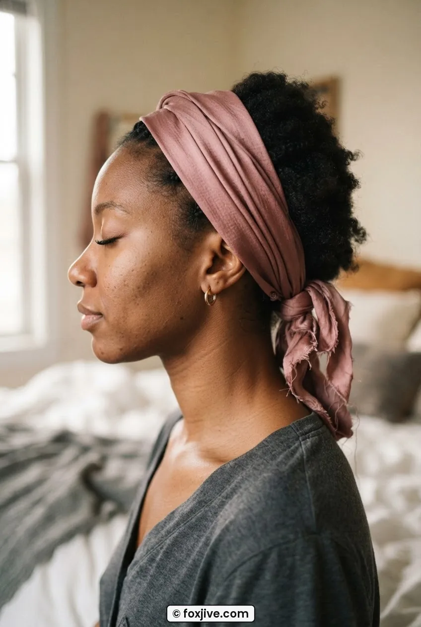 Woman with dusty rose satin headwrap loosening at the back in soft early morning light, honest side profile