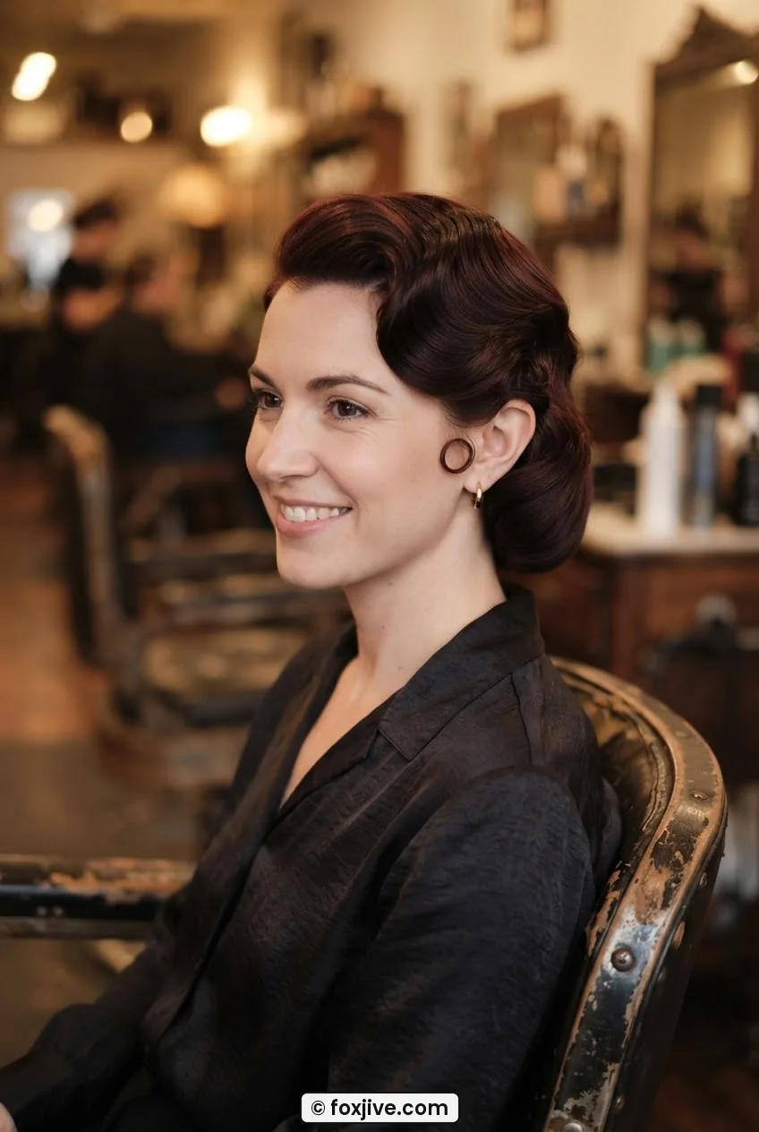 Woman with dark auburn 1930s waves showing exposed ear and curl tucked behind in vintage salon setting