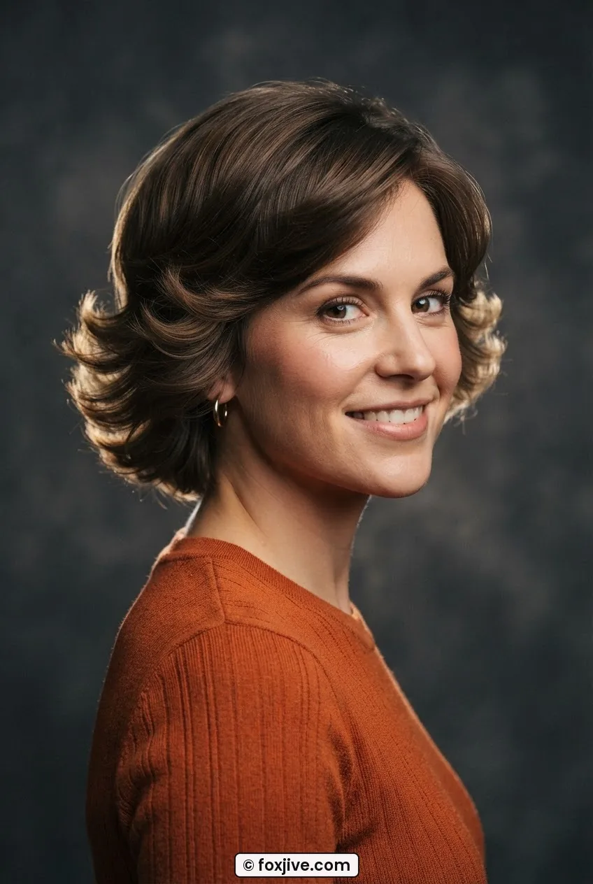 Woman with short ear-skimming hair flipping outward in a seventies flick, rim light catching the flip
