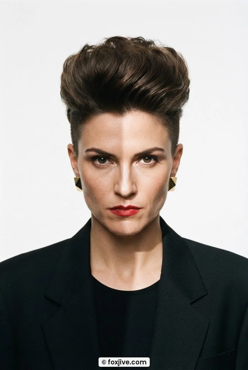 Woman with eighties power crop photographed front-facing under hard overhead light with strong vertical shadow, white backdrop