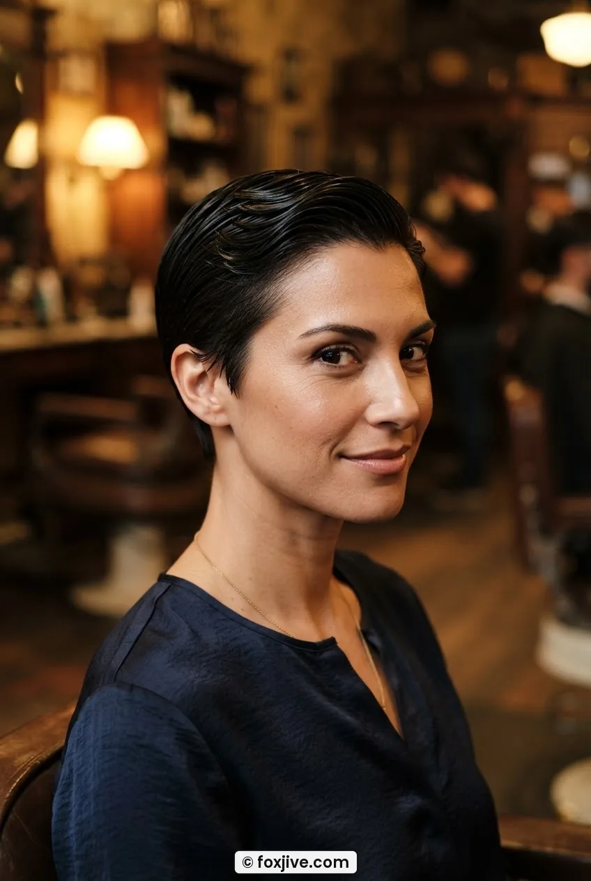 Woman with close-cropped Eton cut slicked with brilliantine showing high gloss finish under tungsten salon light