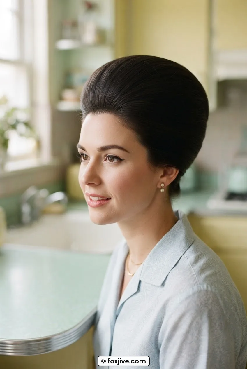 Woman with extreme full crown bouffant hairstyle with four-inch smooth dome above crown in morning light