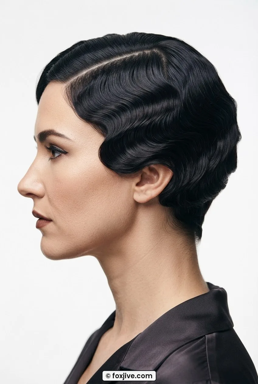 Woman with dark hair in 1920s finger waves showing extreme left side parting and asymmetric wave count