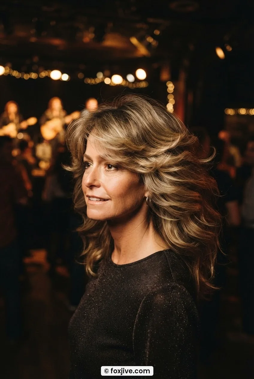 Woman with feathered 1970s Farrah Flick layers, wings sweeping back, warm stage light catching hair movement
