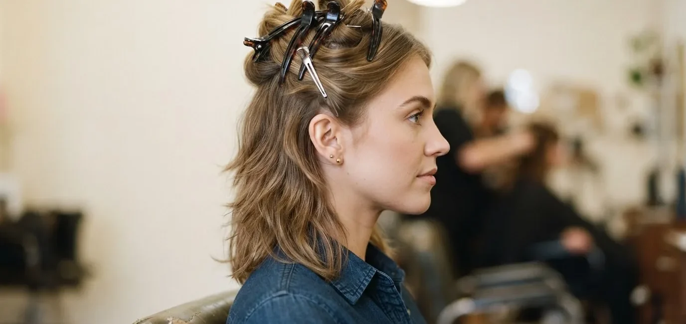 Woman with feathered layers, top section clipped up, lower hair loose and ready to blow-dry in seventies technique