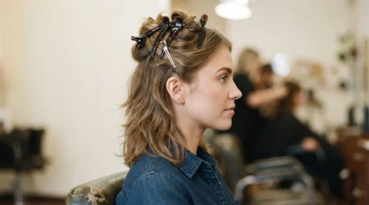 Woman with feathered layers, top section clipped up, lower hair loose and ready to blow-dry in seventies technique