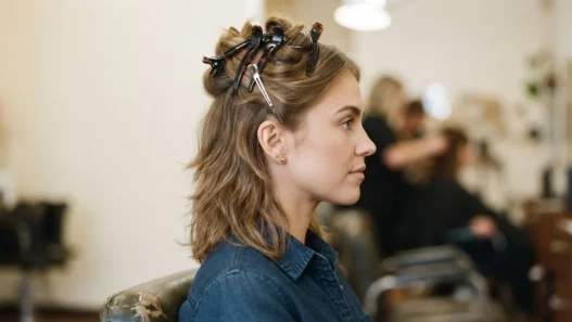 Woman with feathered layers, top section clipped up, lower hair loose and ready to blow-dry in seventies technique