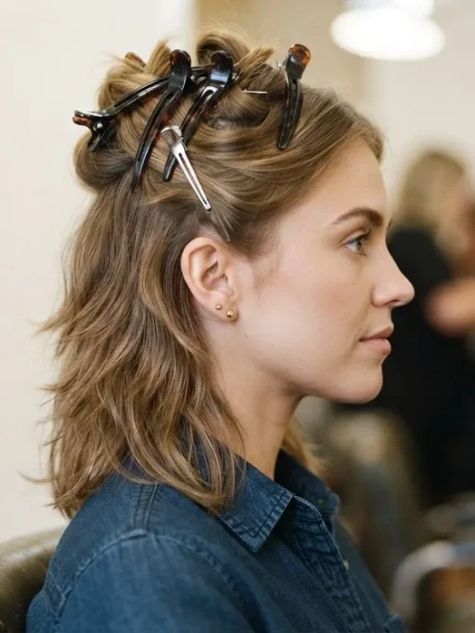 Woman with feathered layers, top section clipped up, lower hair loose and ready to blow-dry in seventies technique