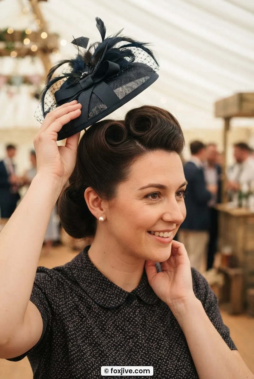 Woman lifting a 1940s fascinator to reveal a humidity-tested victory roll hairstyle in a warm marquee setting