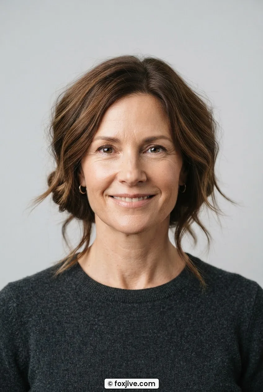 Woman with long hair tucked into a deliberately imperfect faux-bob at the nape, a few loose strands visible below the tuck
