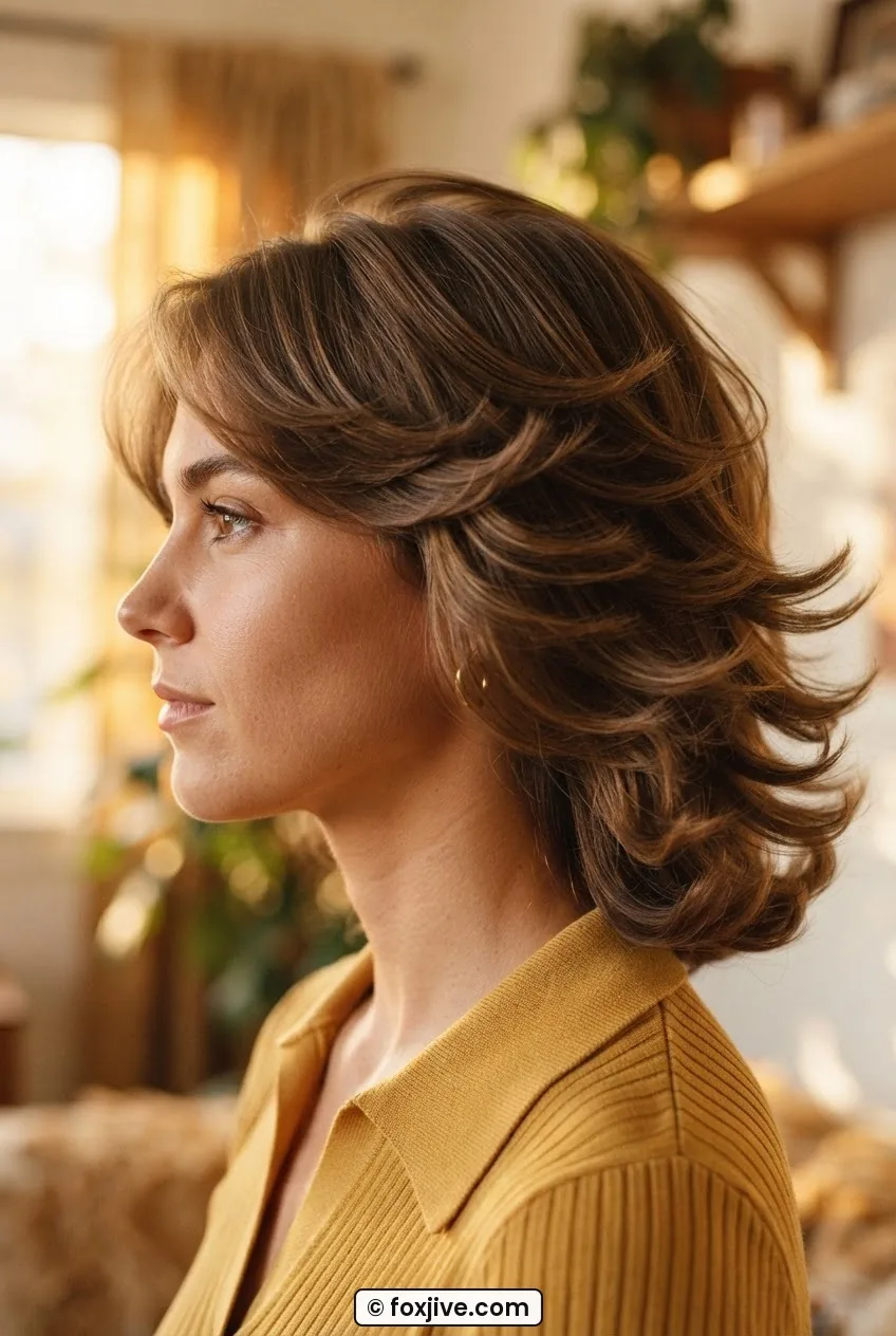 Side profile of woman with feathered flicks sweeping back from face showing layered ends in warm golden seventies light
