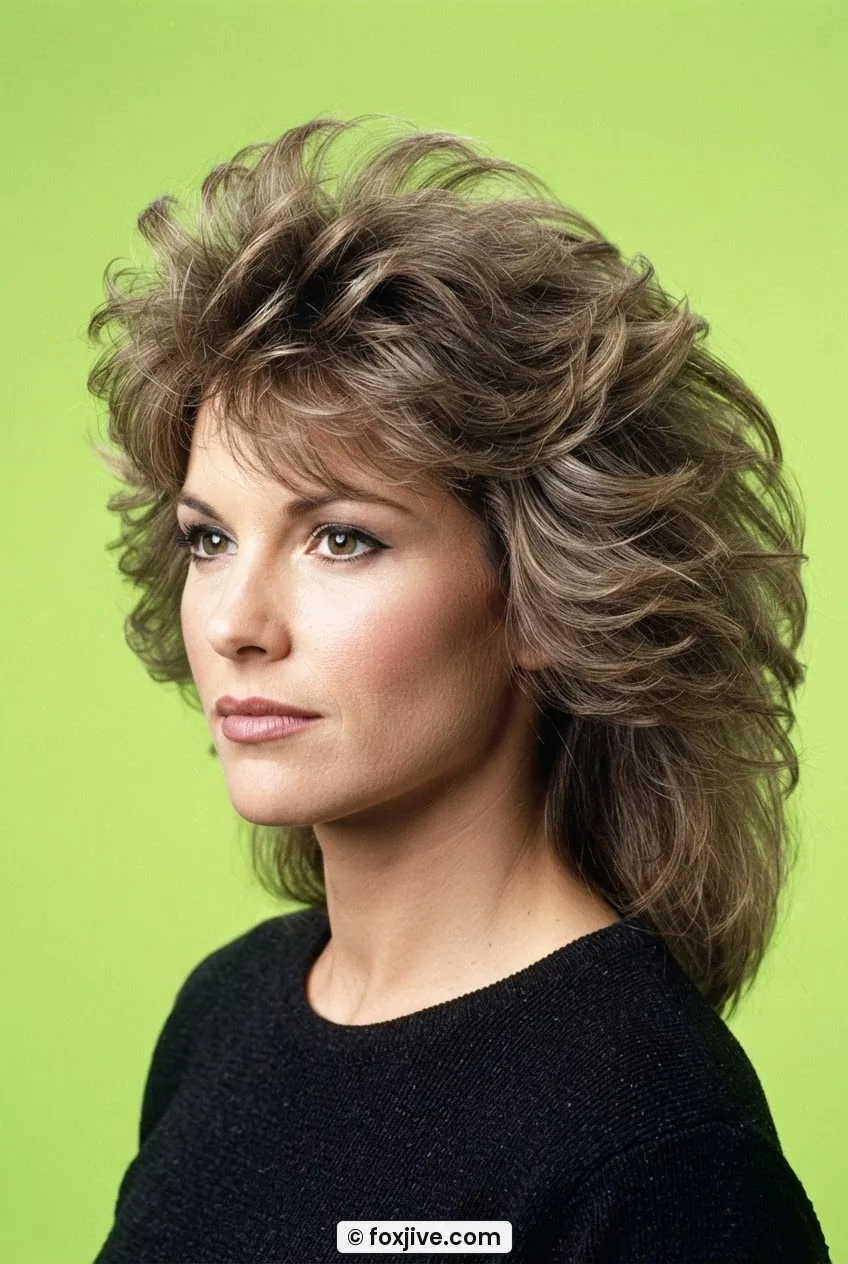 Woman with feathered fringe blown back in dramatic wings on either side of face against a vivid lime green backdrop