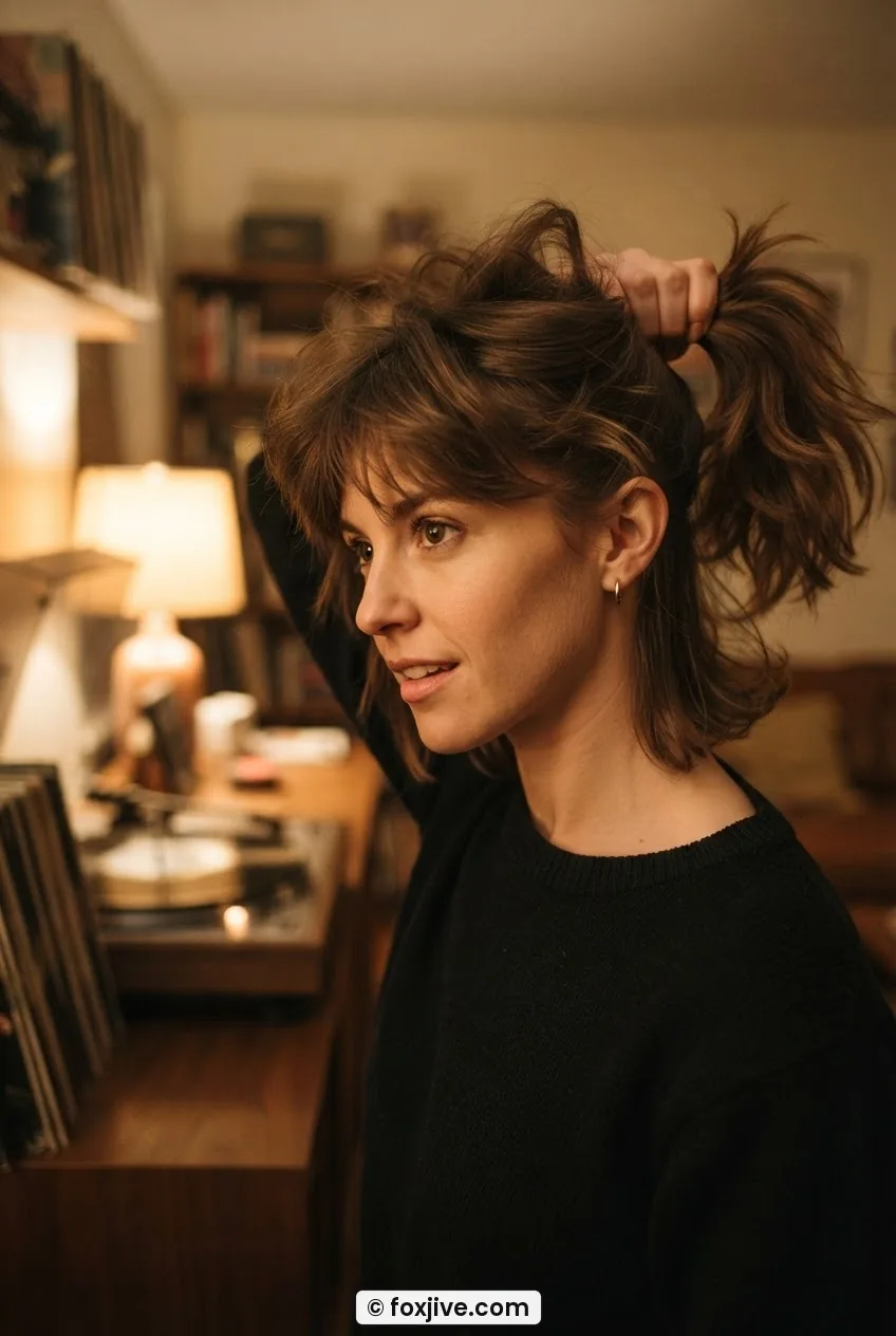 Woman with 1980s feathered layers being rescued into a high side ponytail under warm evening lamplight