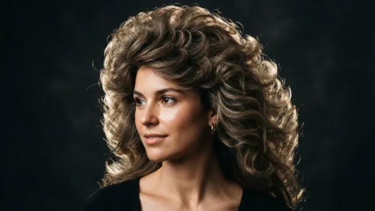 Woman with enormous feathered seventies volume silhouette against dark backdrop with strong rim lighting tracing every layer