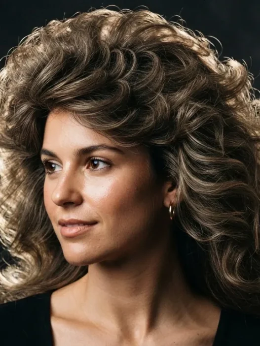 Woman with enormous feathered seventies volume silhouette against dark backdrop with strong rim lighting tracing every layer