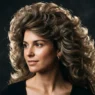 Woman with enormous feathered seventies volume silhouette against dark backdrop with strong rim lighting tracing every layer