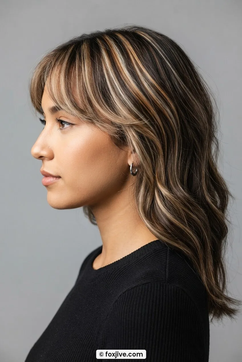 Woman with gently feathered side bang and soft round-brush waves showing individual hair strands