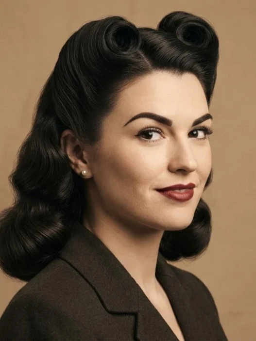 A pair of 1940s victory rolls set above the forehead