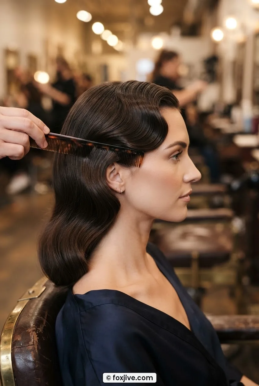 Side profile showing a fine-tooth comb pressing a defined S-wave crest above the cheekbone in warm salon light