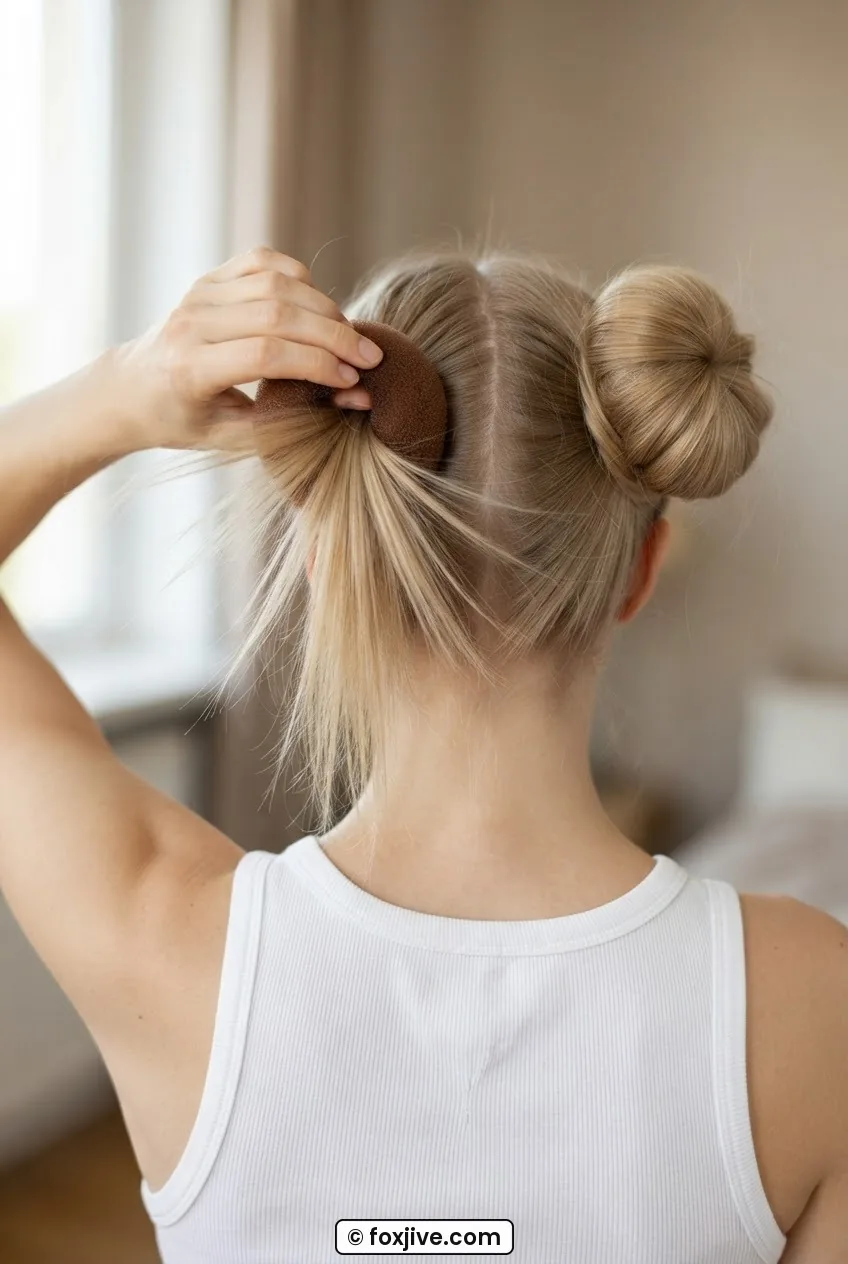 Back view of woman with fine blonde hair wrapping strands over a foam donut pad inside one space bun for volume
