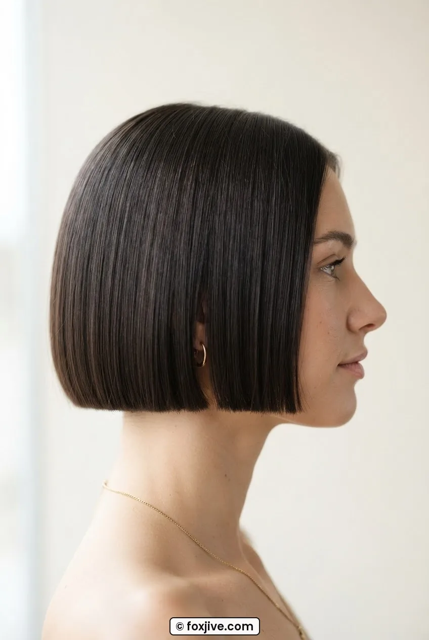 Woman with fine hair french bob showing precise blunt perimeter sitting exactly at the jawline