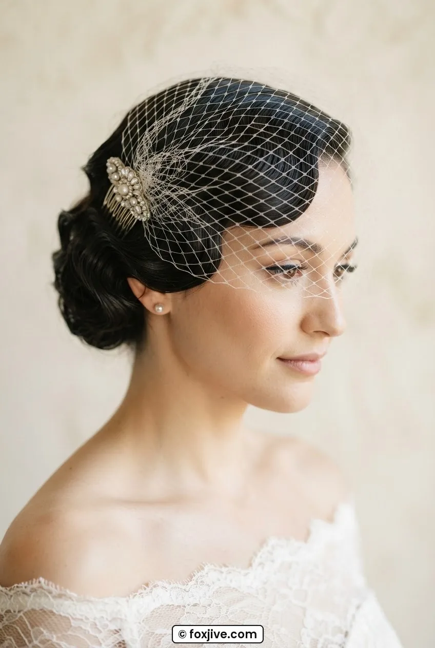 Woman with completed 1920s finger wave updo wearing a delicate birdcage veil in bright morning light