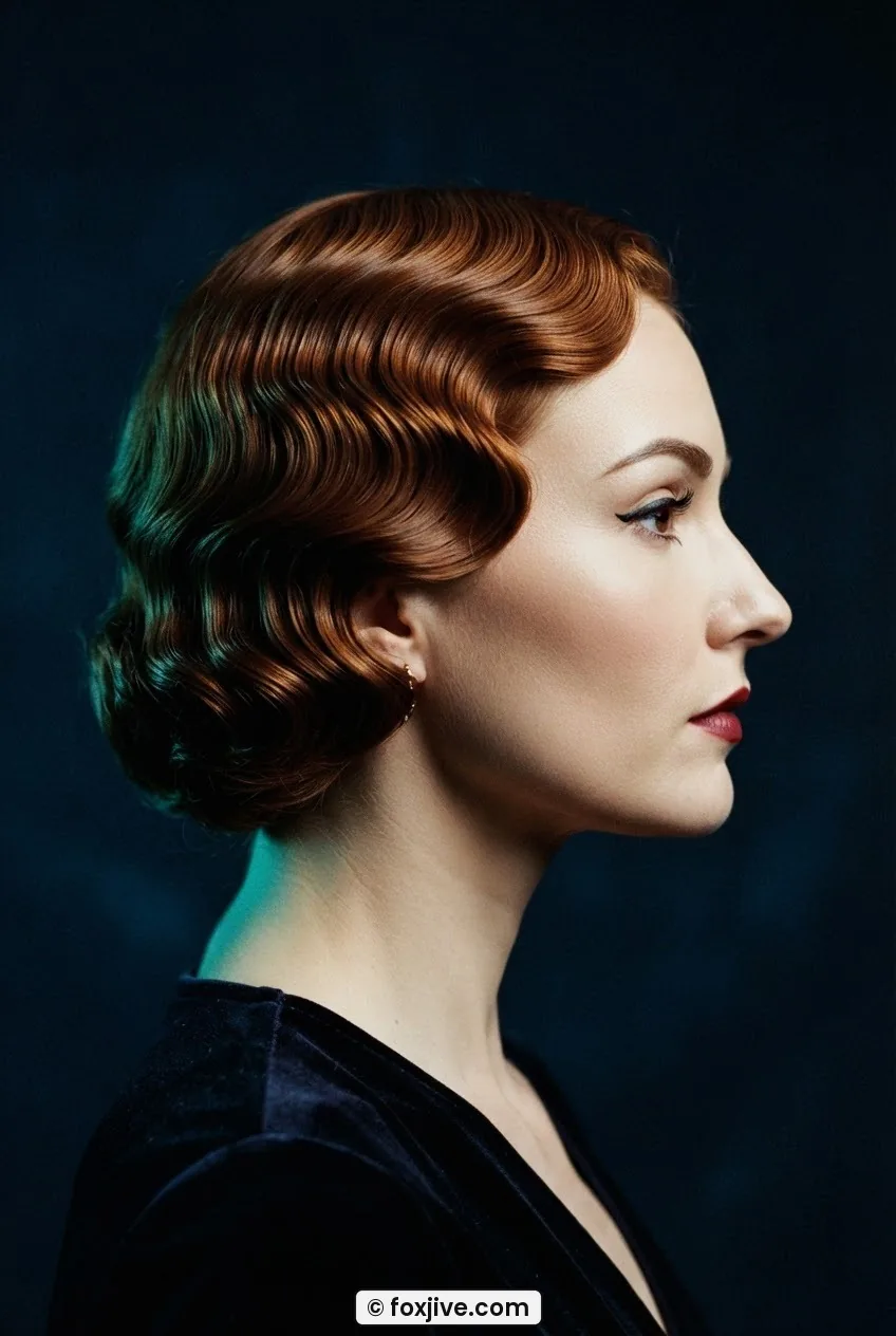 Woman with precisely finger-waved copper-auburn red hair lit by teal gel creating cool contrast against navy background