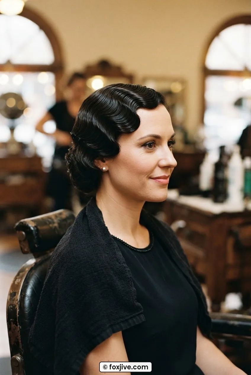 Woman with precise dark finger waves pressed flat along the temples in a warm-lit salon setting