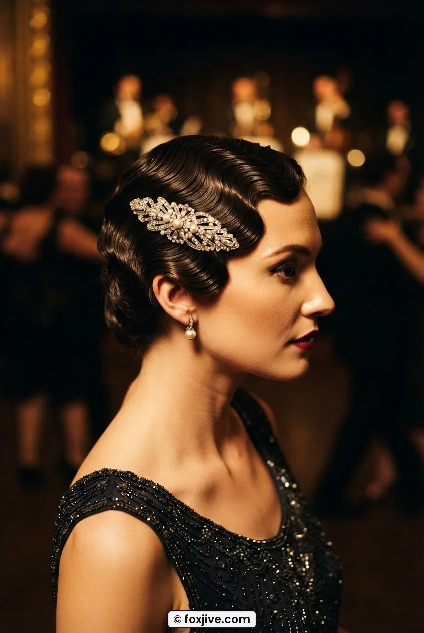 Woman with precisely set 1920s finger waves and jewelled temple clip, warm stage light at dance hall