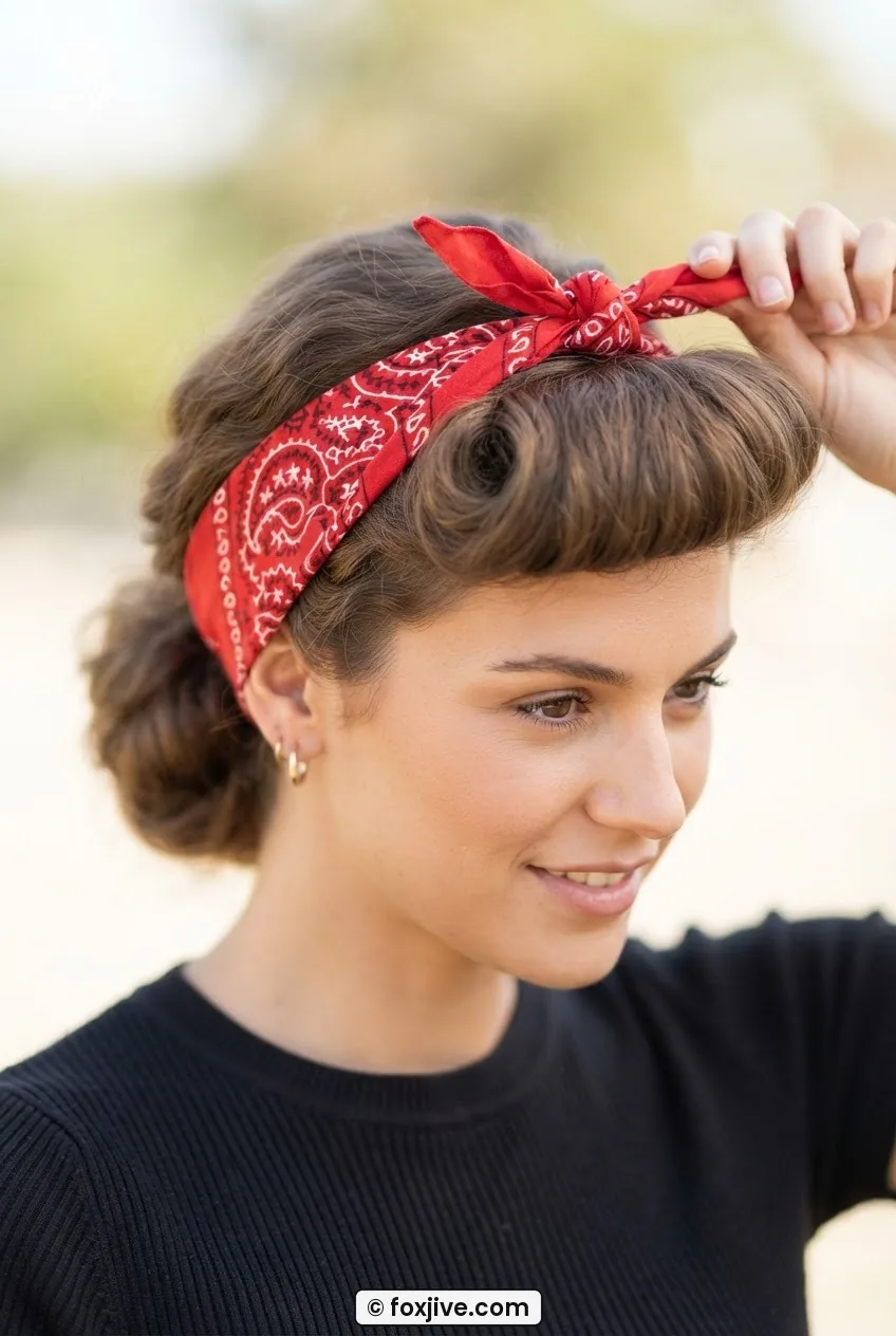 Woman wearing a cotton bandana tied over the crown with a vintage front roll beneath, three quarter view in bright daylight