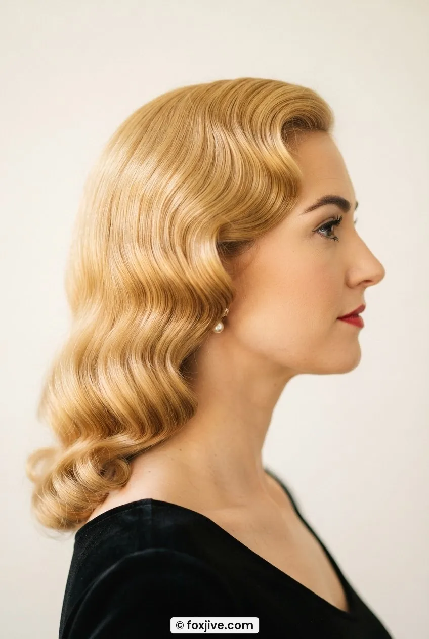 Fully finished warm golden bombshell blonde wave set in side profile, luminous color and broad sweeping wave pattern filling the frame
