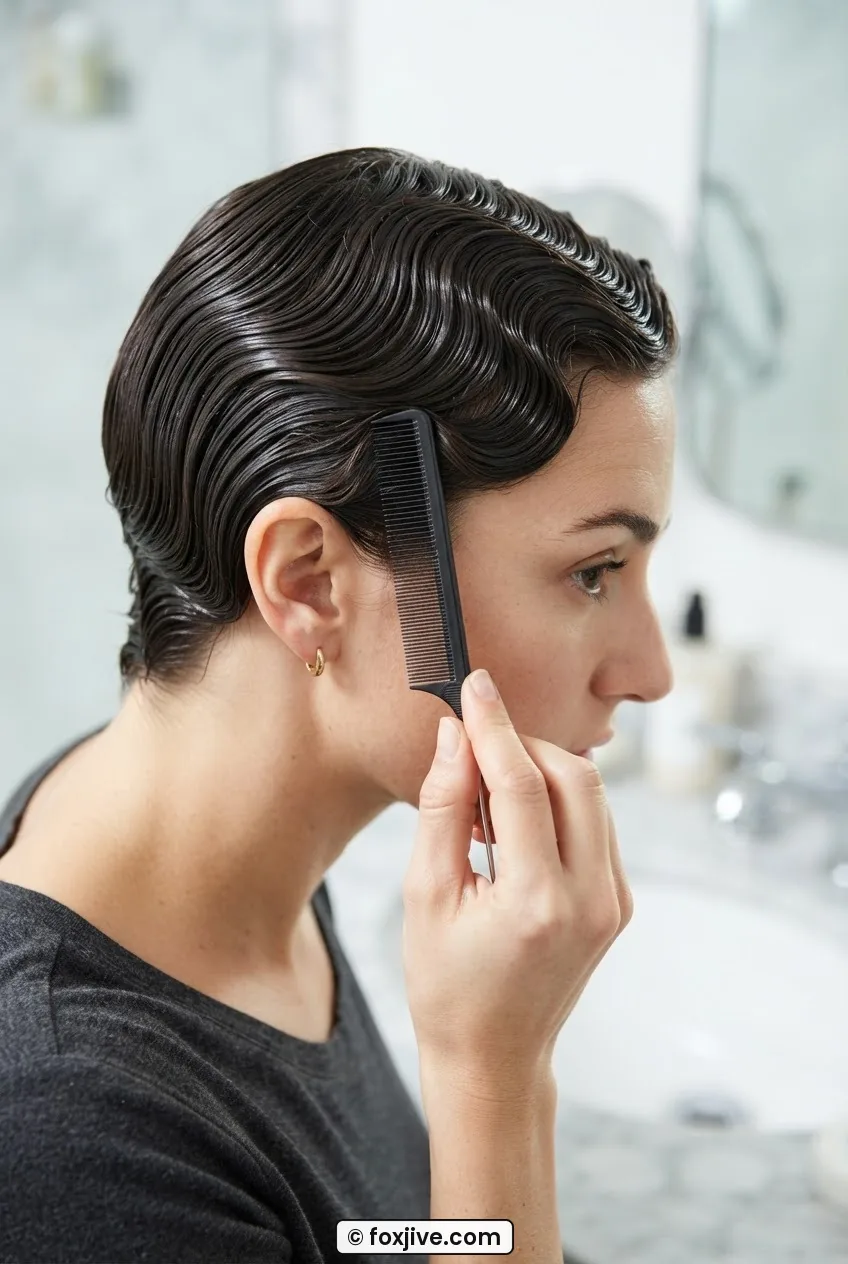 Woman using pintail comb tail to gently lift roots of finished finger wave set revealing smooth glossy S-curve ridges