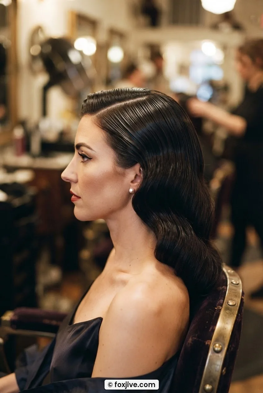 Woman with fully finished high-sheen Old Hollywood glamour waves, light catching each wave crest distinctly