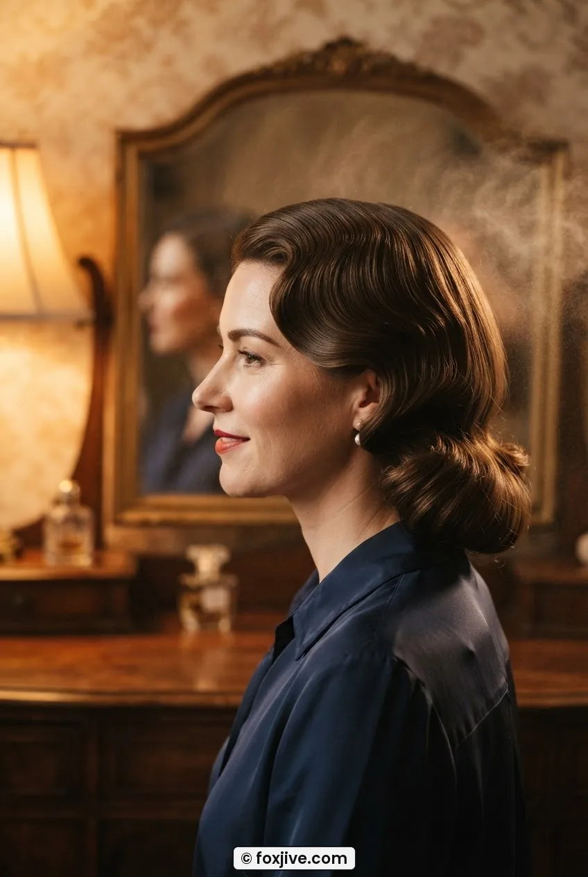 Woman with fully brushed-out pin curl set showing smooth S-wave pattern from temple through the crown at a vintage mirror