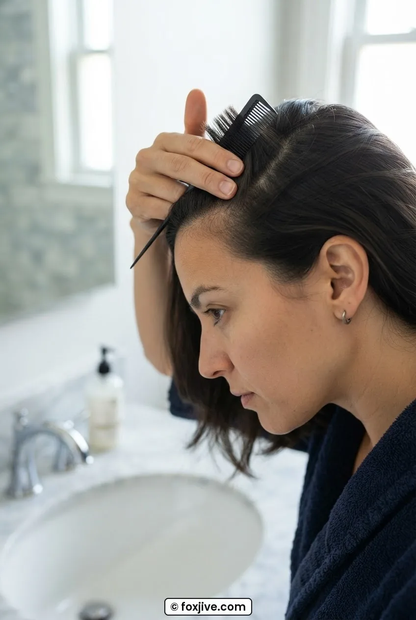 Woman's fingers pressed flat against scalp at hairline with fine-tooth comb raised at 45 degrees forming first finger wave ridge