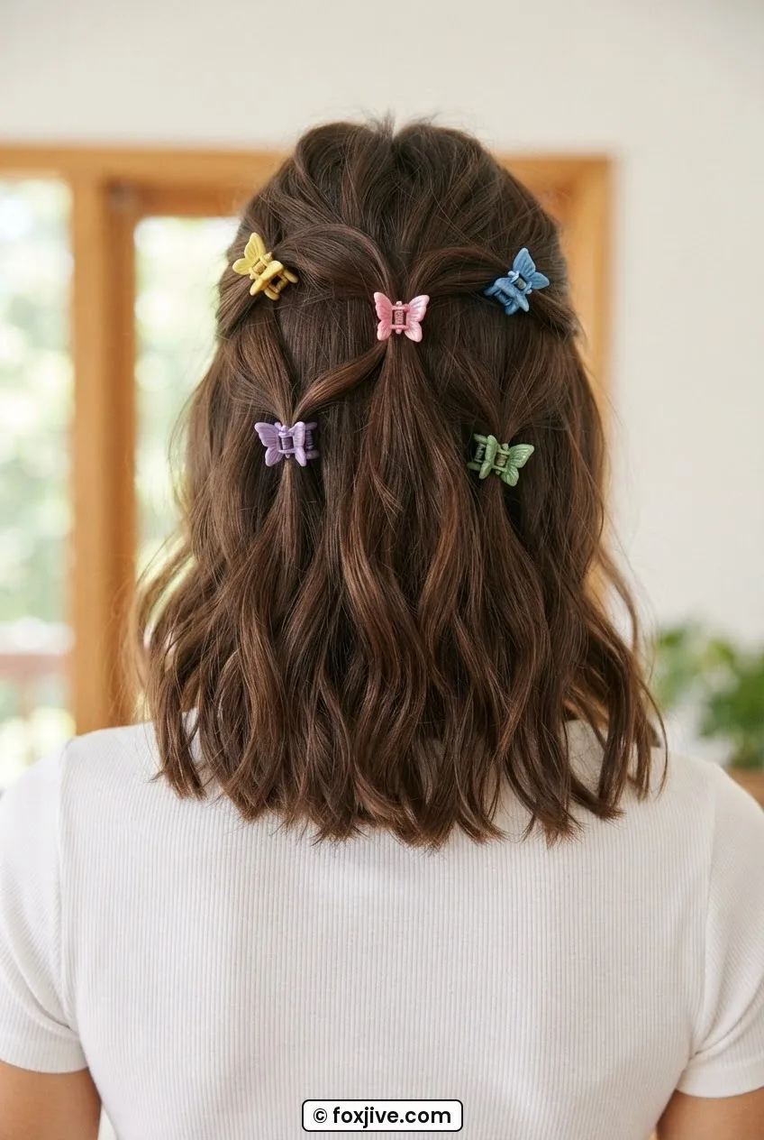 Close back view of woman with five mini butterfly clips in an asymmetric scatter across her upper half-up hair section in bright light