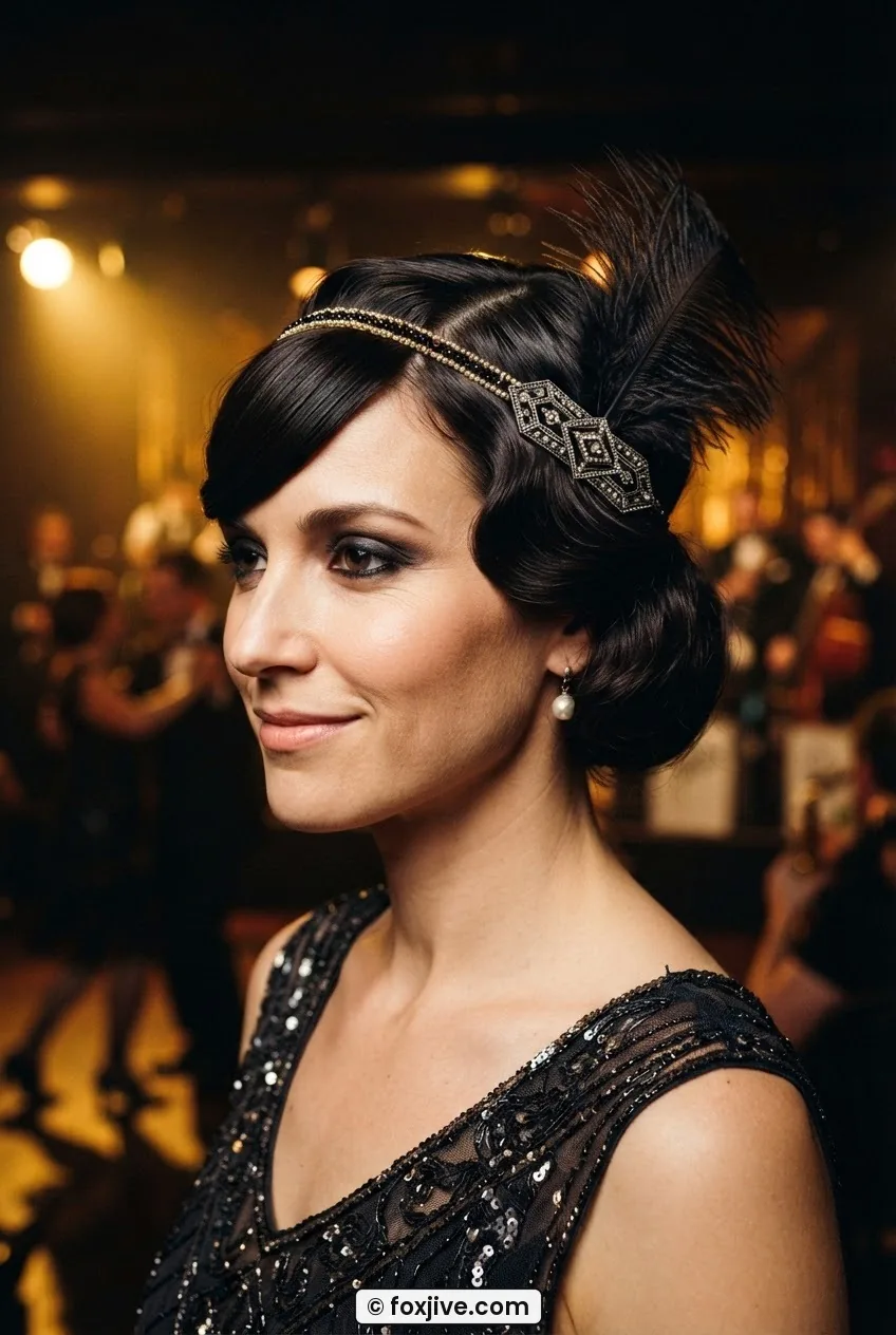 Woman with sleek 1920s flapper bob, deep side parting and art deco barrette, feather headband, warm stage light