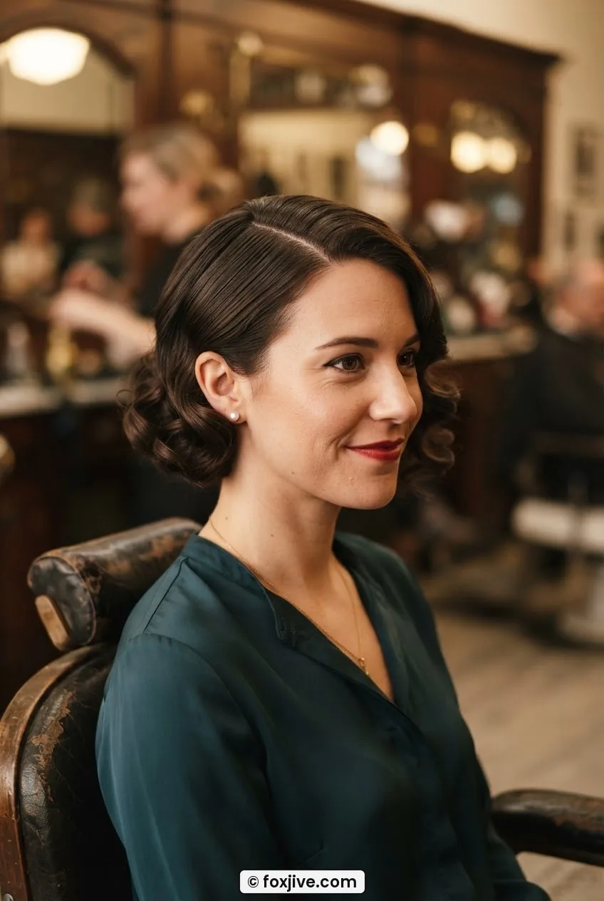 Woman with deep side-parted flapper bob tucked behind one ear in a vintage salon chair under amber light