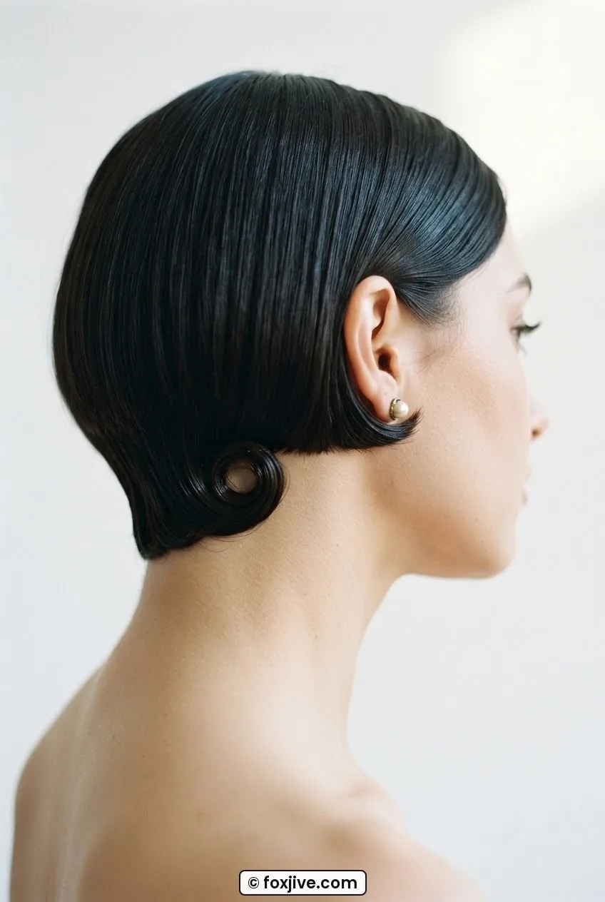 Close nape view of woman with flapper bob showing small spiral kiss-curls pressed flat against the neck with pomade