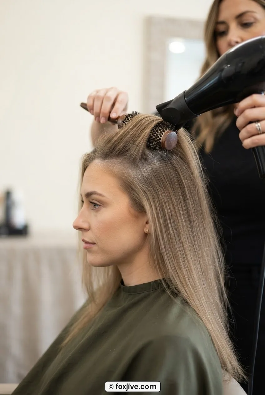 Woman styling fine flat hair with small round brush at roots, dry shampoo texture visible, dryer lifting for volume