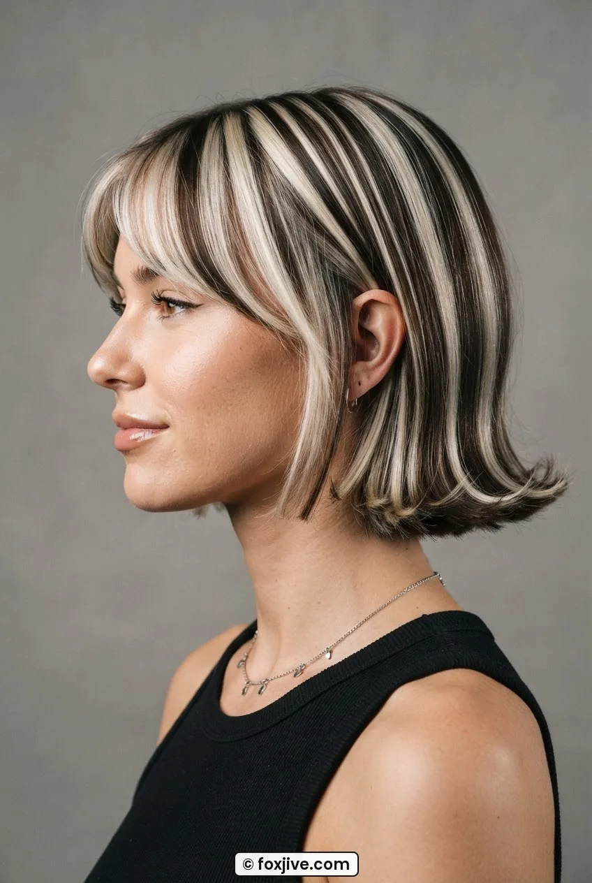 Woman with chin-length bob showing subtly flipped ends and soft side-swept fringe in profile view