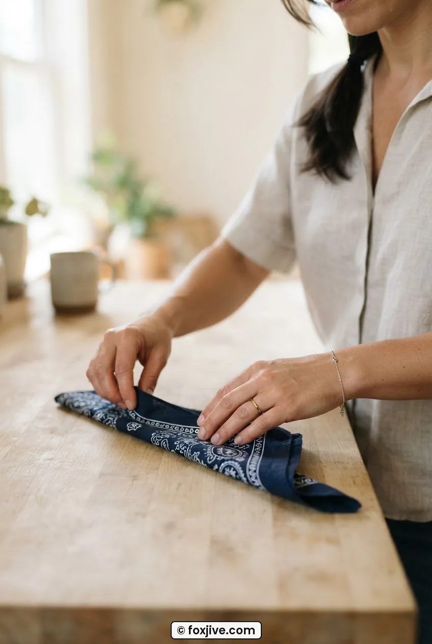 Close-up of hands folding a cotton bandana diagonally into a neat band on a light surface