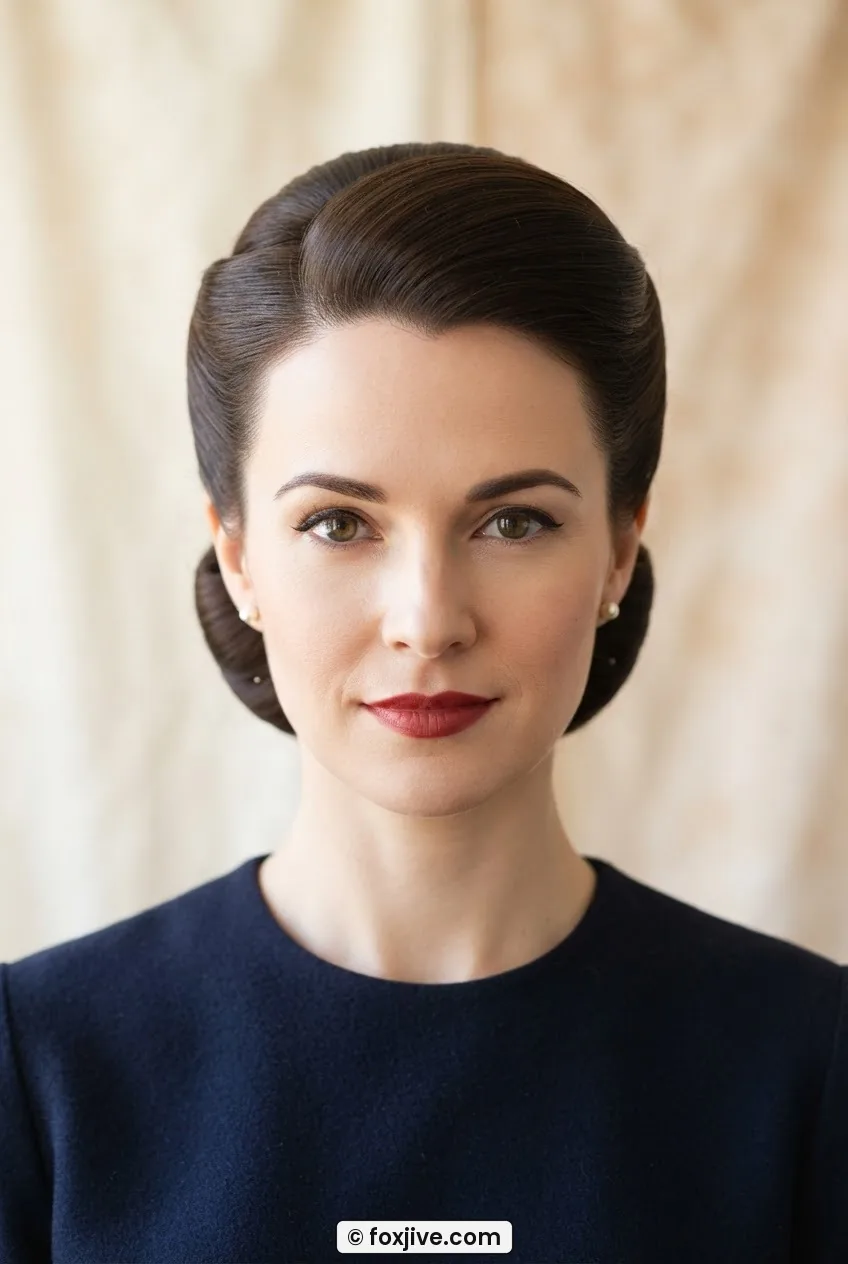 Woman with smooth 1940s twist-and-tuck updo showing elevated crown and neat nape tuck against pale backdrop