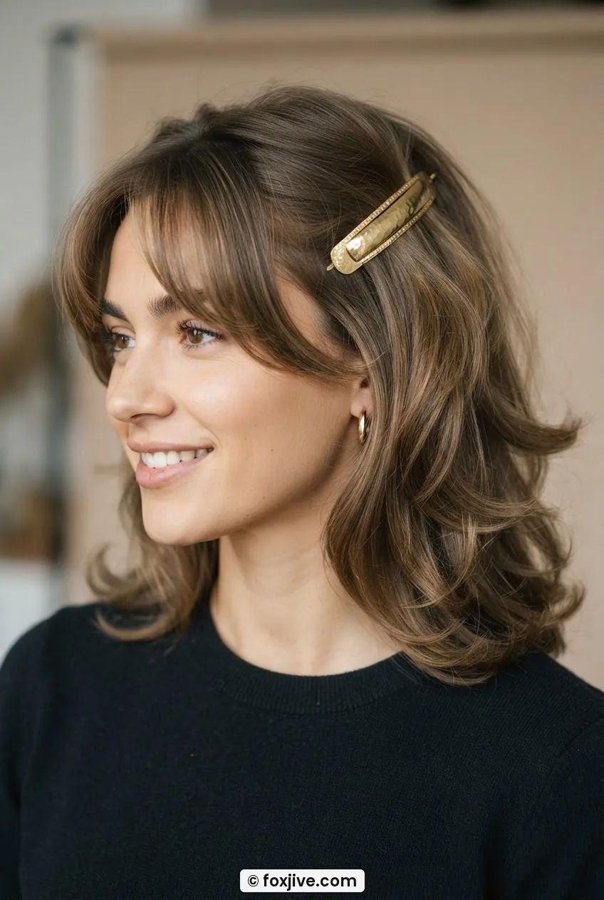 Woman with nineties layered cut secured by gold-tone French barrette at mid-crown with curtain bangs hanging free on both sides