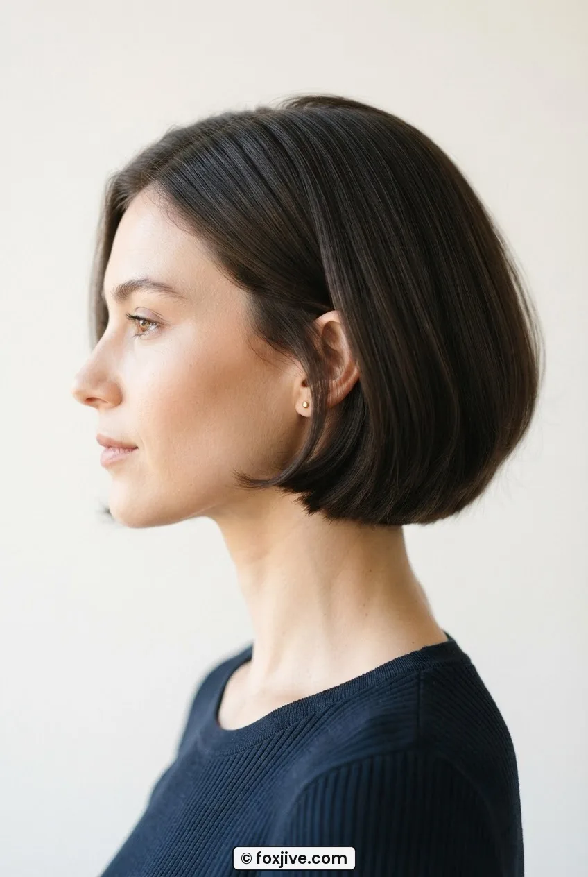 Woman with freshly cut french bob showing clean blunt perimeter at jaw level in bright light