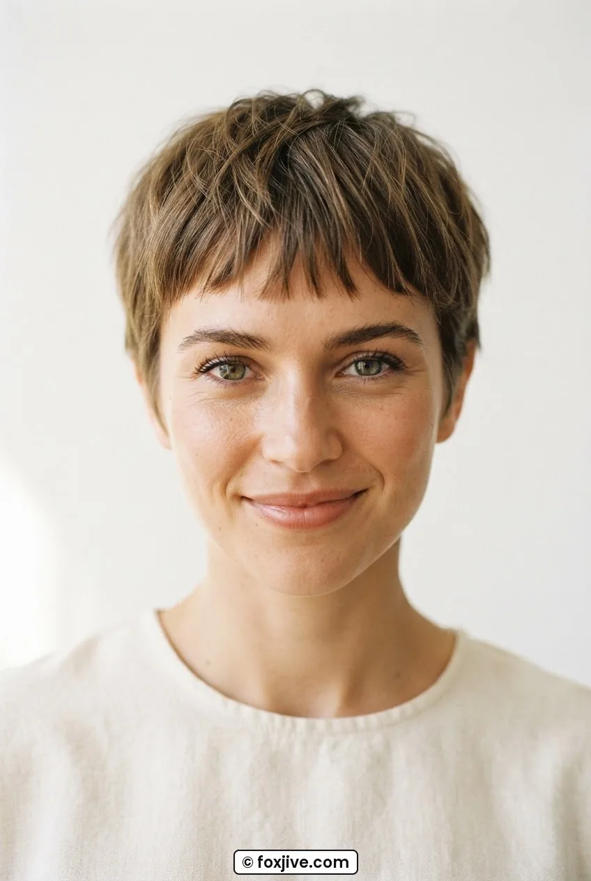Woman with two-inch French gamine fringe, fine strands point-cut just above the brows, sides cropped close