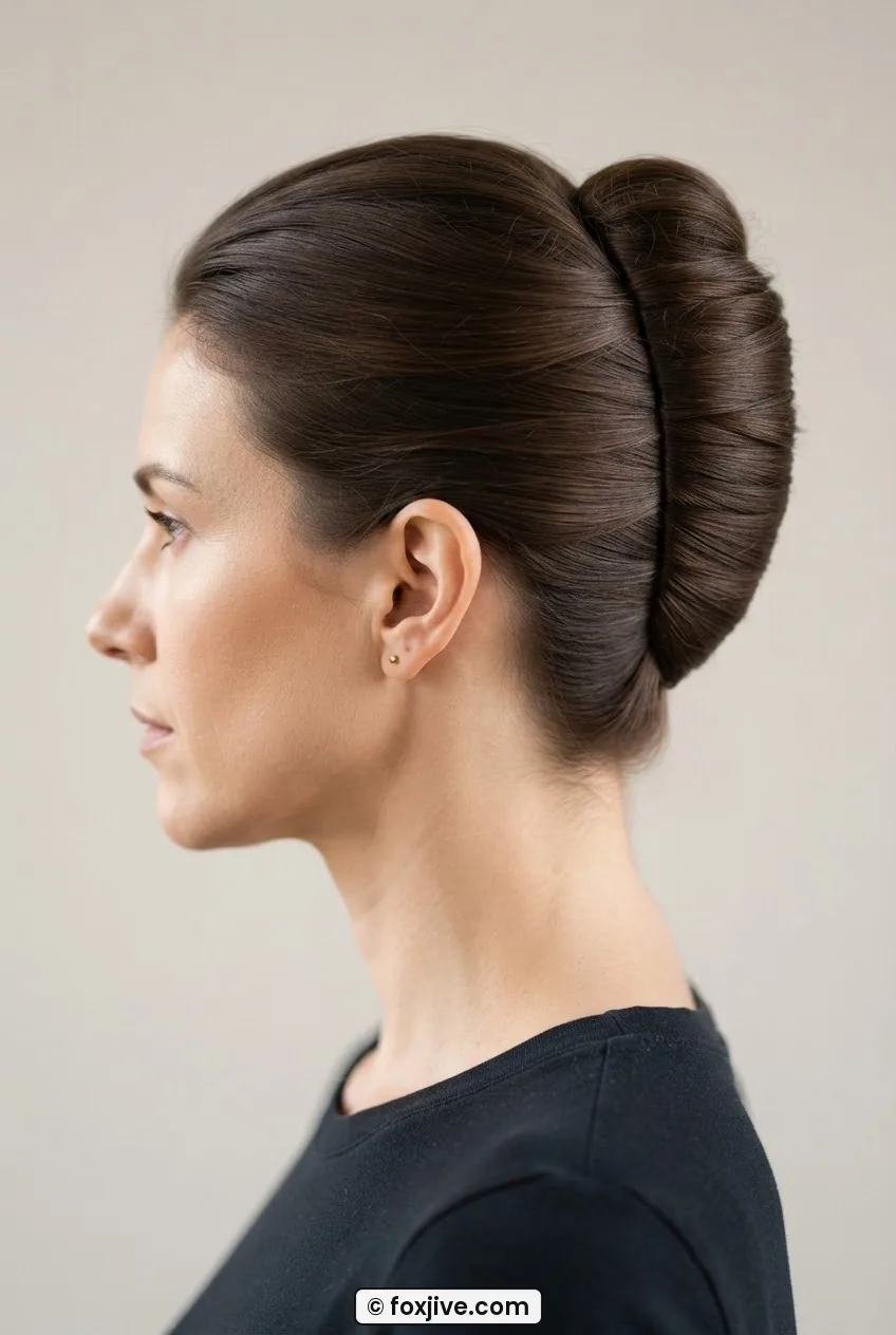 Woman in side profile wearing a classic French pleat with vertical seam running from nape to crown